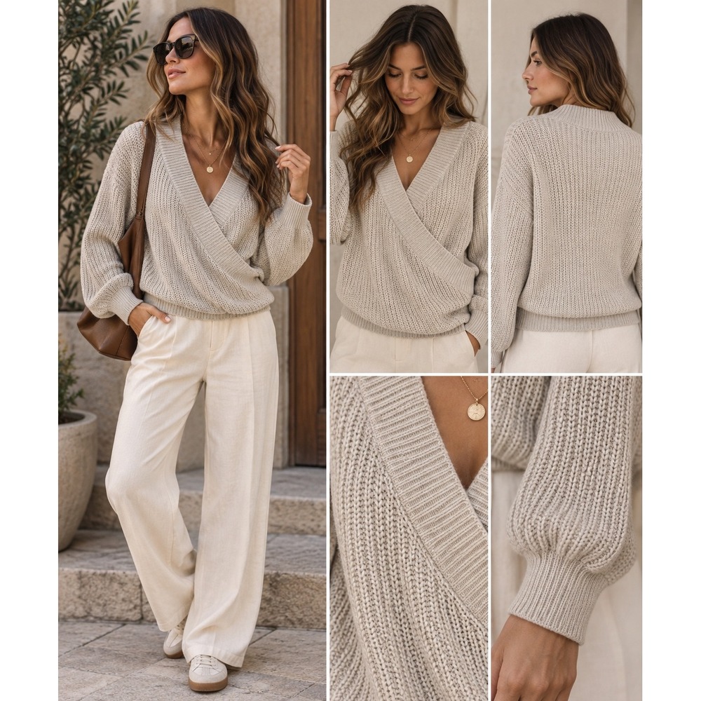 UpWest Wrap Sweater Small Oatmeal Organic Cotton Quiet Luxury Balletcore Knit